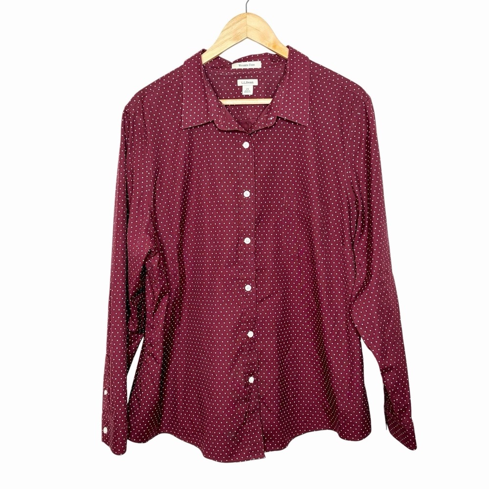 LL Bean Wrinkle Free Button Down Shirt Burgundy Micro Chevron Womens 2X Career